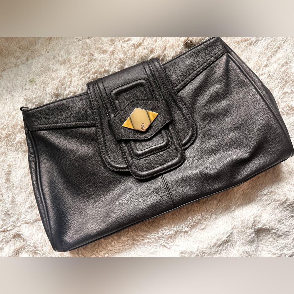 Vintage Rachel Zoe Black Leather Clutch with Gold Accent